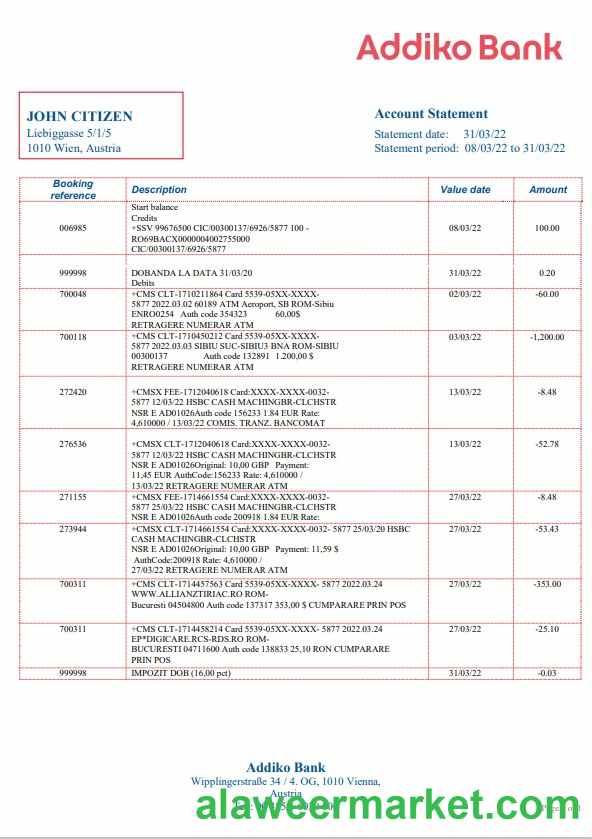 Austria Addiko bank statement template in Word and PDF format